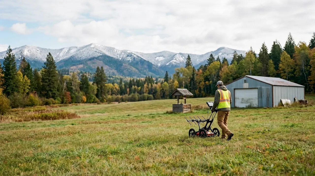 A technician in a high-visibility vest pushes a ground-penetrating radar cart across a grass field on a rural property, with a metal outbuilding and well head nearby and snow-dusted mountains behind the treeline. A technician in a high-visibility vest pushes a ground-penetrating radar cart across a grass field on a rural property, with a metal outbuilding and well head nearby and snow-dusted mountains behind the treeline.