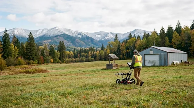 A technician in a high-visibility vest pushes a ground-penetrating radar cart across a grass field on a rural property, with a metal outbuilding and well head nearby and snow-dusted mountains behind the treeline. A technician in a high-visibility vest pushes a ground-penetrating radar cart across a grass field on a rural property, with a metal outbuilding and well head nearby and snow-dusted mountains behind the treeline.