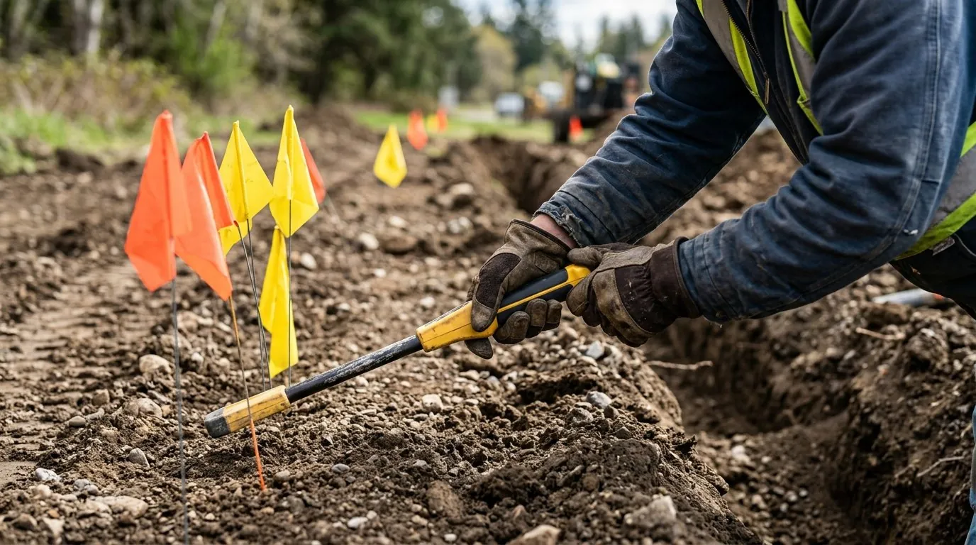 A gloved worker pushes a yellow-handled marker flag into bare excavated soil beside a row of orange and yellow utility flags already set along an open trench. A gloved worker pushes a yellow-handled marker flag into bare excavated soil beside a row of orange and yellow utility flags already set along an open trench.