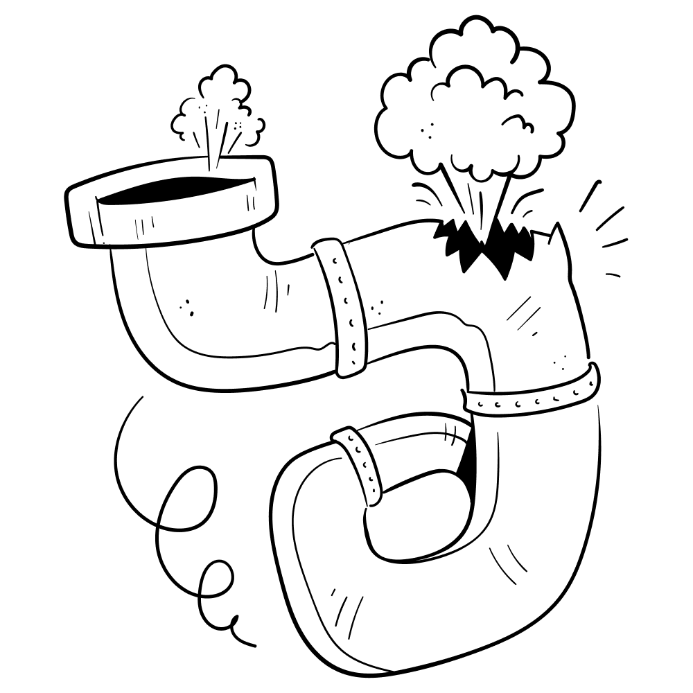 Cartoon of a broken pipe with steam escaping from the break and the open end.