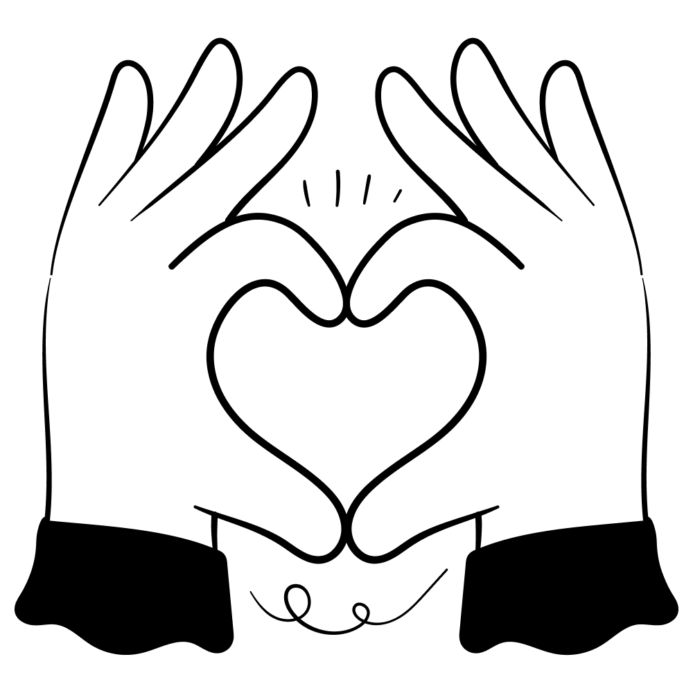 Two hands forming a heart shape, black outlines on a white background.